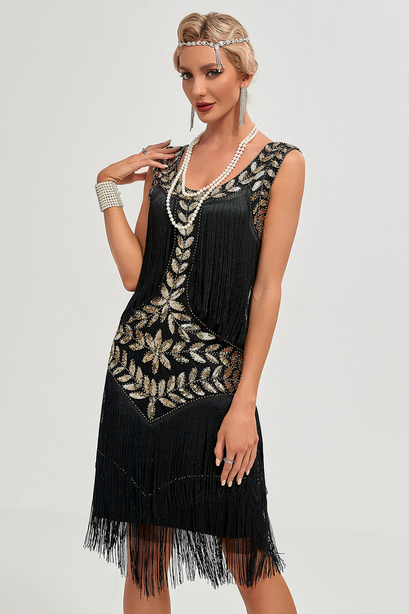 Load image into Gallery viewer, Black Gatsby 1920s Flapper Dress with Sequins and Fringes