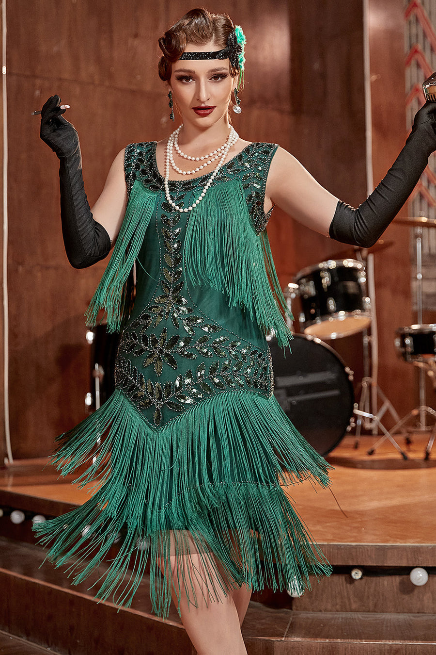 green emerald velvet dress Shop 1920s Dresses - Flounce Hem Peacock Flapper Dress main image 1