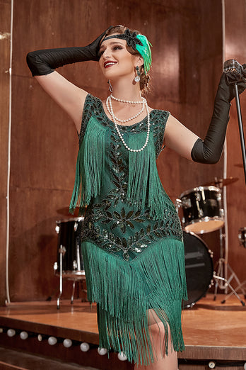 Plus Size Champagne Gatsby 1920s Flapper Dress with Sequins and Fringes