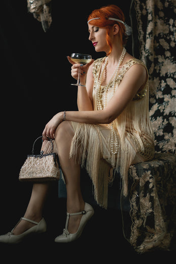 Zapaka Women 1920s Gatsby Dress Champagne Round Neck Vintage Dress with ...