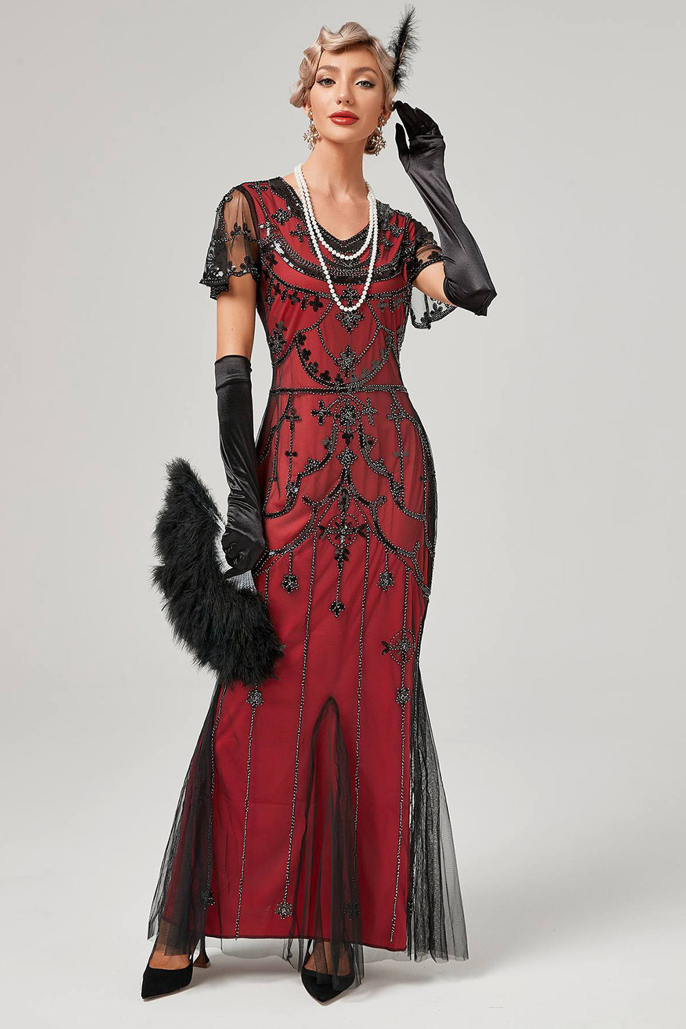 ZAPAKA Women Gatsby Dress Sequins Red Long 1920s Dress with Short Sleeves – ZAPAKA UK