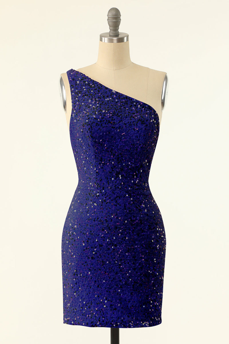 Load image into Gallery viewer, Royal Blue One Shoulder Sequins Tight Graduation Dress