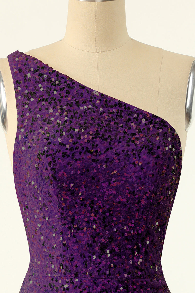 Load image into Gallery viewer, Purple One Shoulder Sequins Graduation Dress