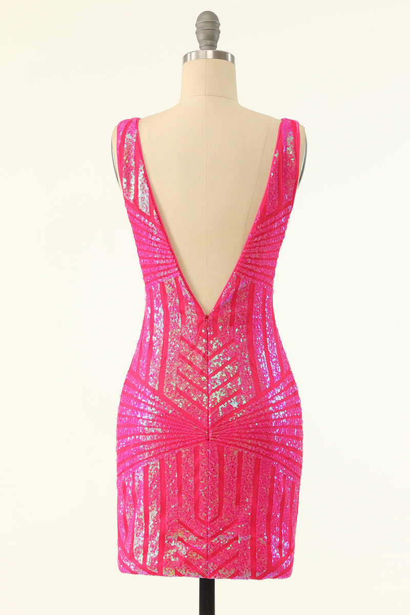 Load image into Gallery viewer, Fuchsia Sequins V-Neck Tight Graduation Dress