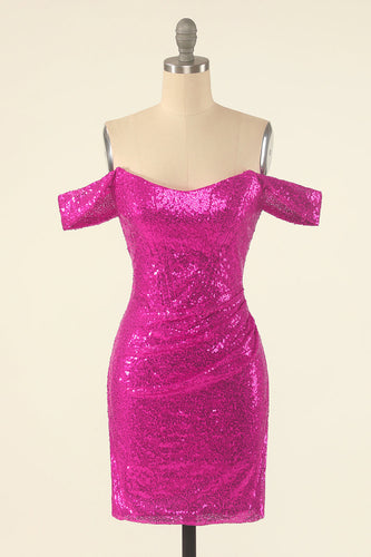 Fuchsia Off the Shoulder Sequins Tight Cocktail Dress