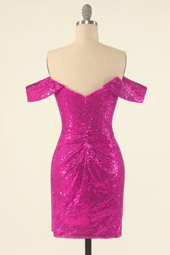 Fuchsia Off the Shoulder Sequins Tight Cocktail Dress
