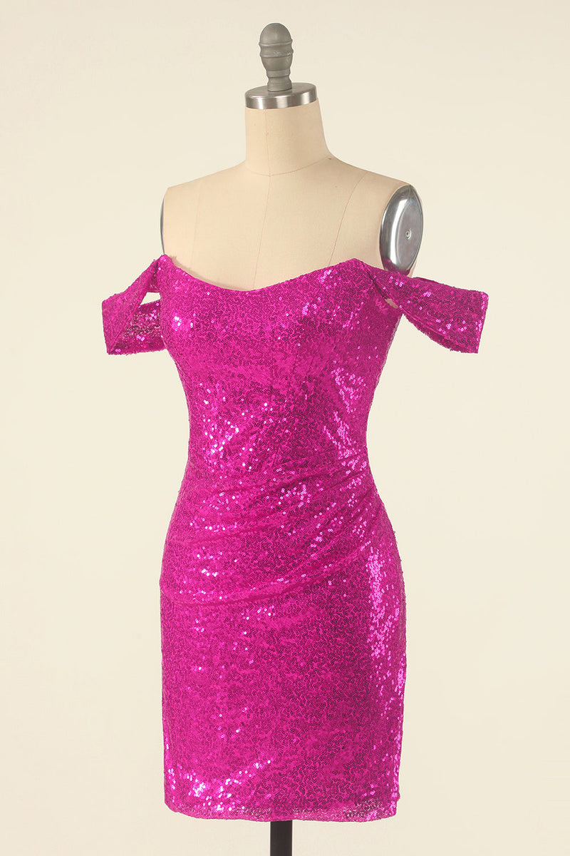 Load image into Gallery viewer, Fuchsia Off the Shoulder Sequins Tight Cocktail Dress