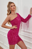 Load image into Gallery viewer, Fuchsia One Shoulder Sequins Tight Graduation Dress with Sleeves