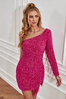 Load image into Gallery viewer, Fuchsia One Shoulder Sequins Tight Graduation Dress with Sleeves