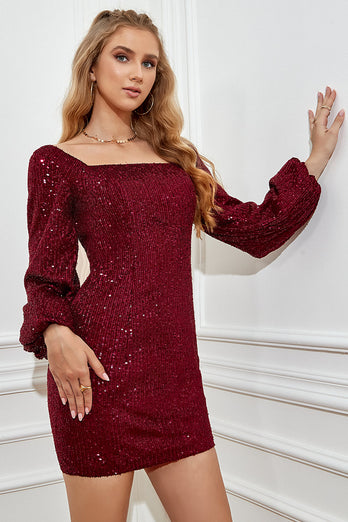 Burgundy Tight Sequins Graduation Dress with Sleeves