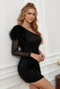 Load image into Gallery viewer, Black Sequins Tight Graduation Dress with Feathers