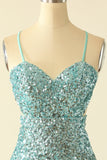 Blue Open Back Sequin Glitter Graduation Dress