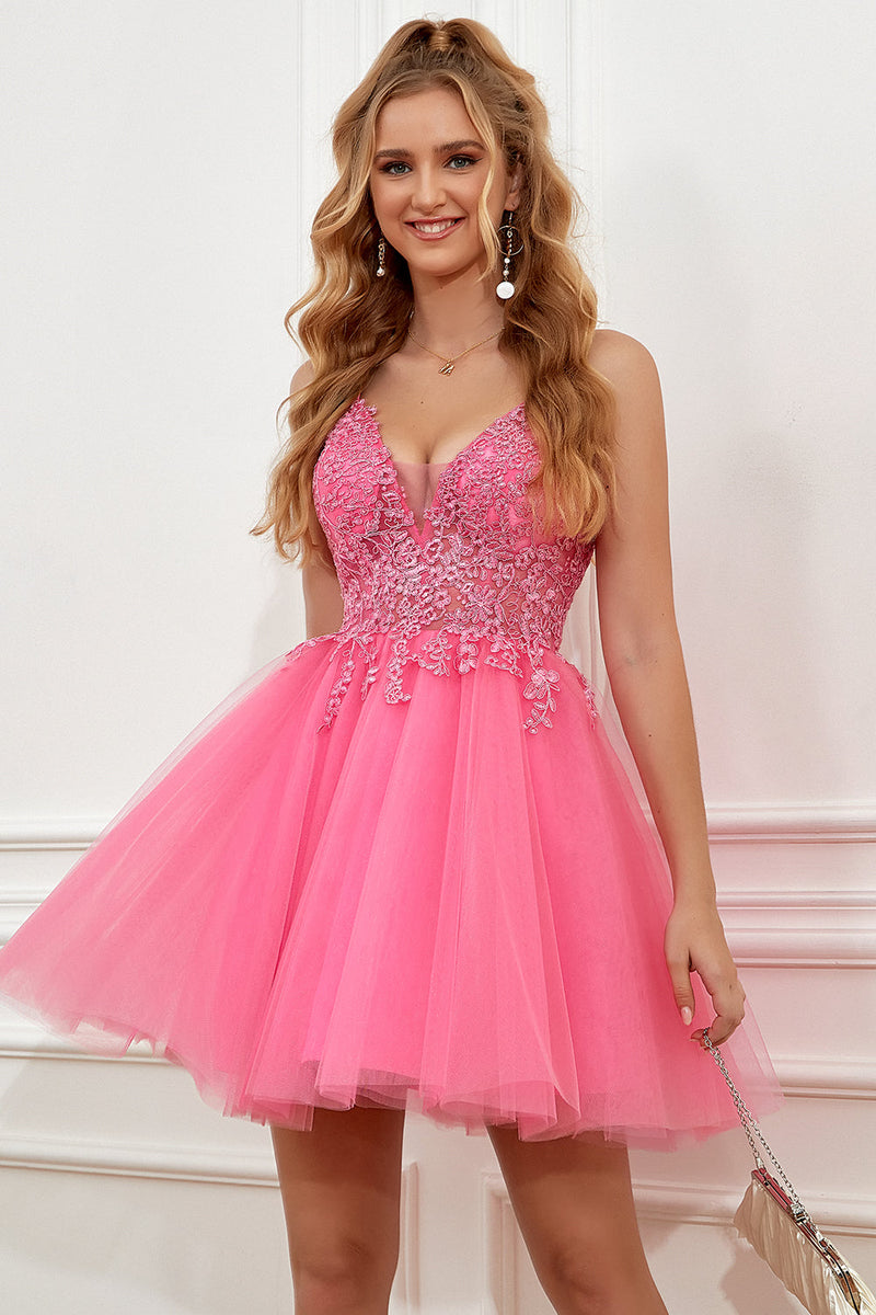 Load image into Gallery viewer, Fuchsia Spaghetti Straps A-Line Backless Short Graduation Dress
