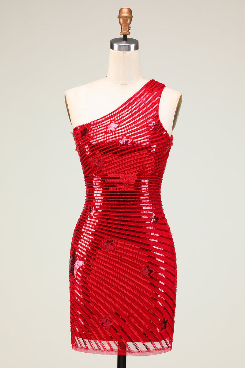 Load image into Gallery viewer, Cheap Sheath One Shoulder Red Sequins Cocktail Dress with Star