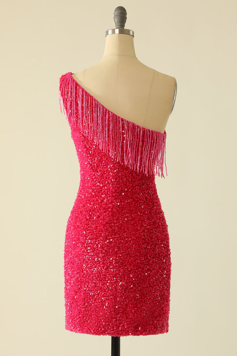 Load image into Gallery viewer, Hot Pink One Shoulder Sequin Graduation Dress