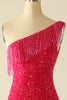 Load image into Gallery viewer, Hot Pink One Shoulder Sequin Graduation Dress