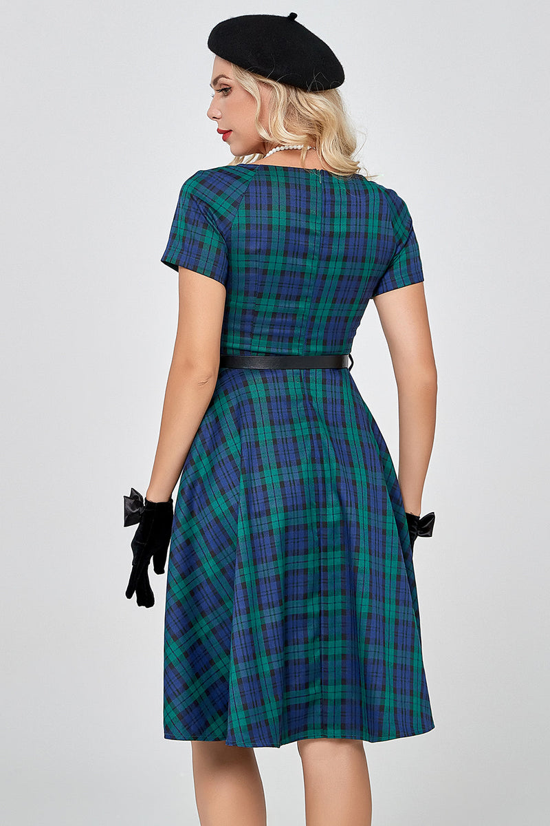 Load image into Gallery viewer, Dark Green Short Sleeves 1950s Plaid Dress