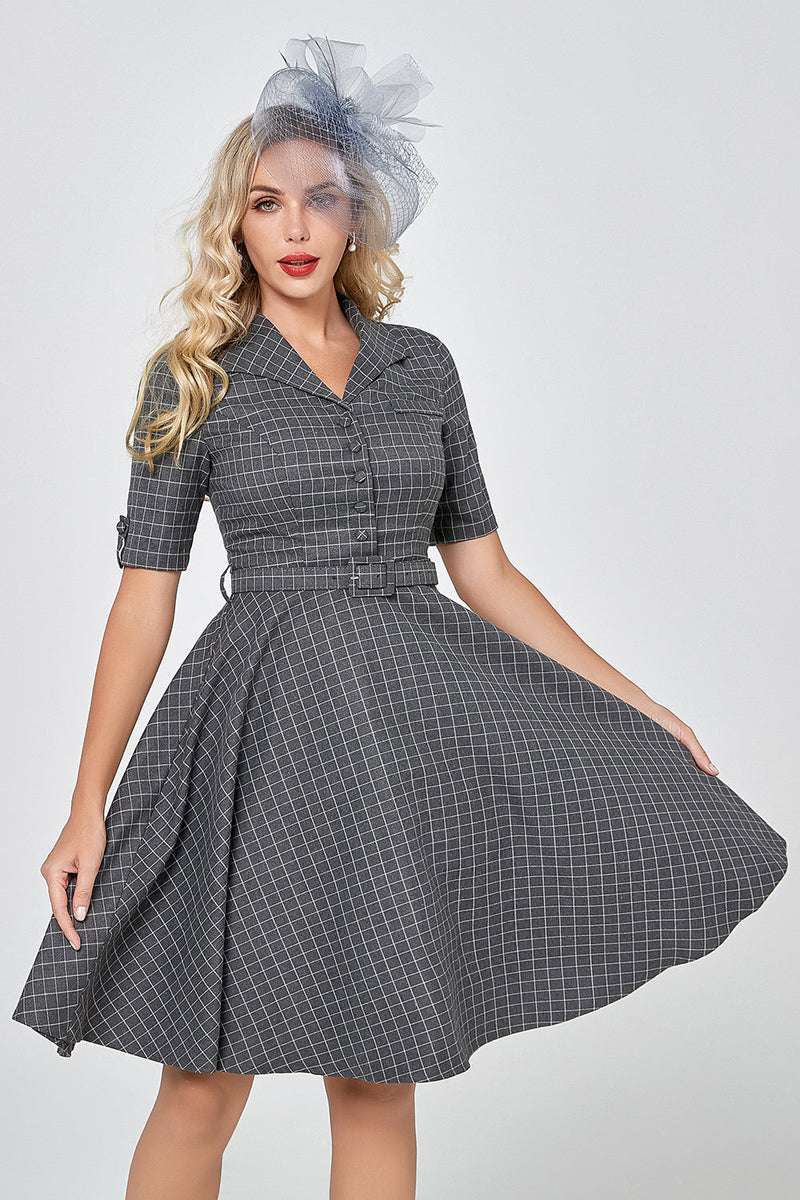 Load image into Gallery viewer, Grey Plaid Half Sleeves Vintage 1950s Dress
