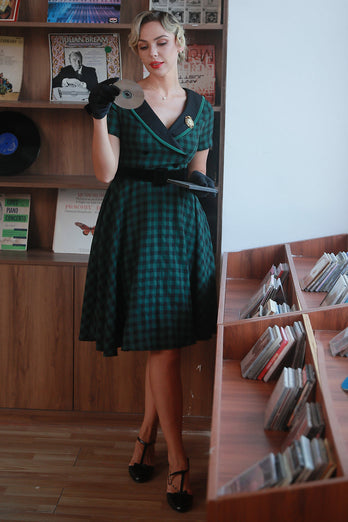 Dark Green V-Neck 1950s Plaid Swing Dress