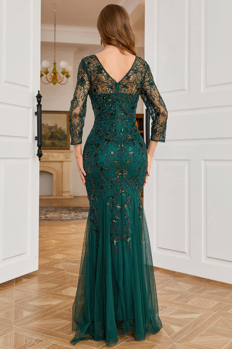 Load image into Gallery viewer, Dark Green Long Sleeves Beading Wedding Party Dress
