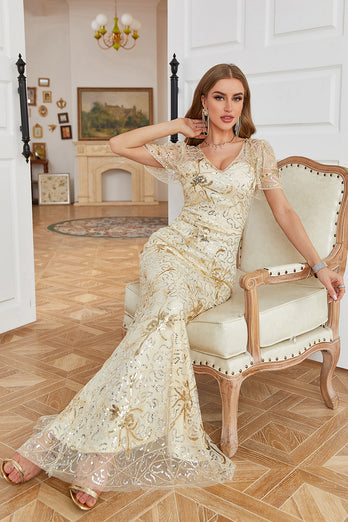 Golden Sparkly Beaded Wedding Party Dress