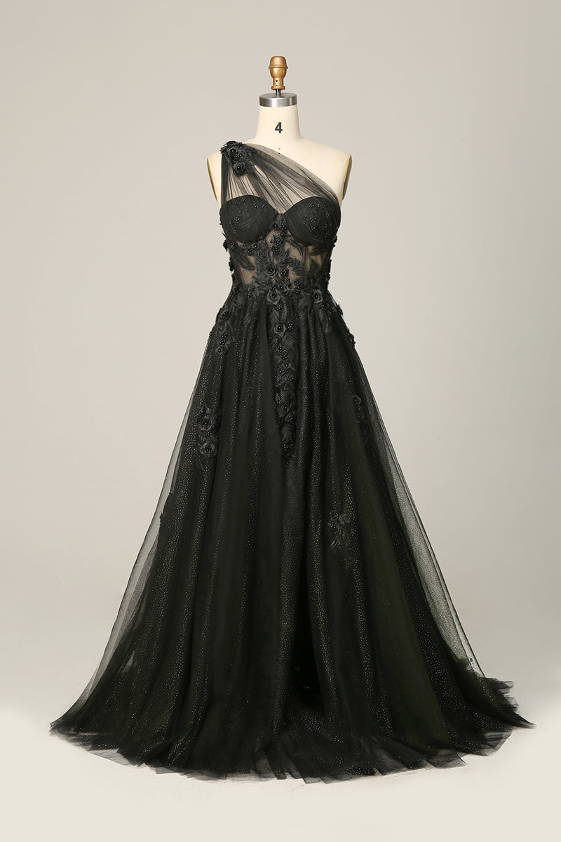 Load image into Gallery viewer, A Line One Shoulder Black Long Prom Dress with Appliques