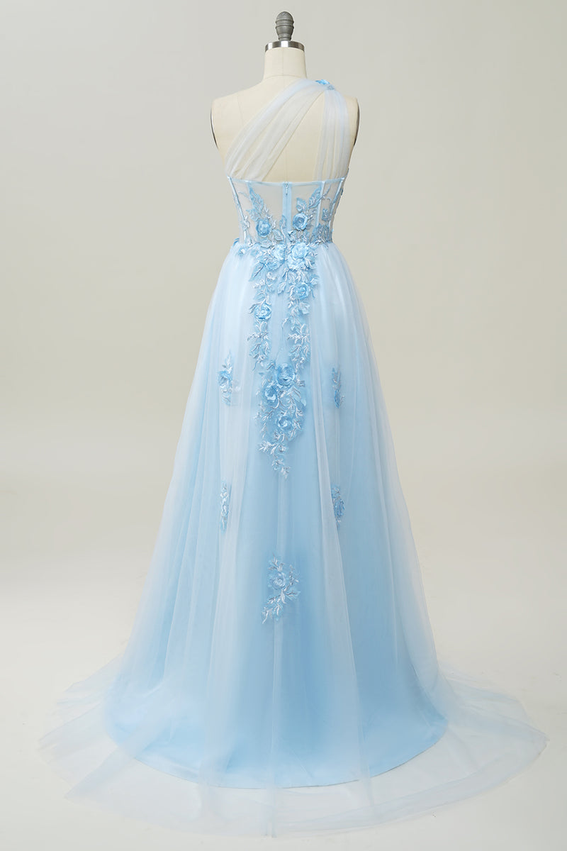 ZAPAKA Women Sky Blue Long Prom Dress A Line One Shoulder Formal Dress ...