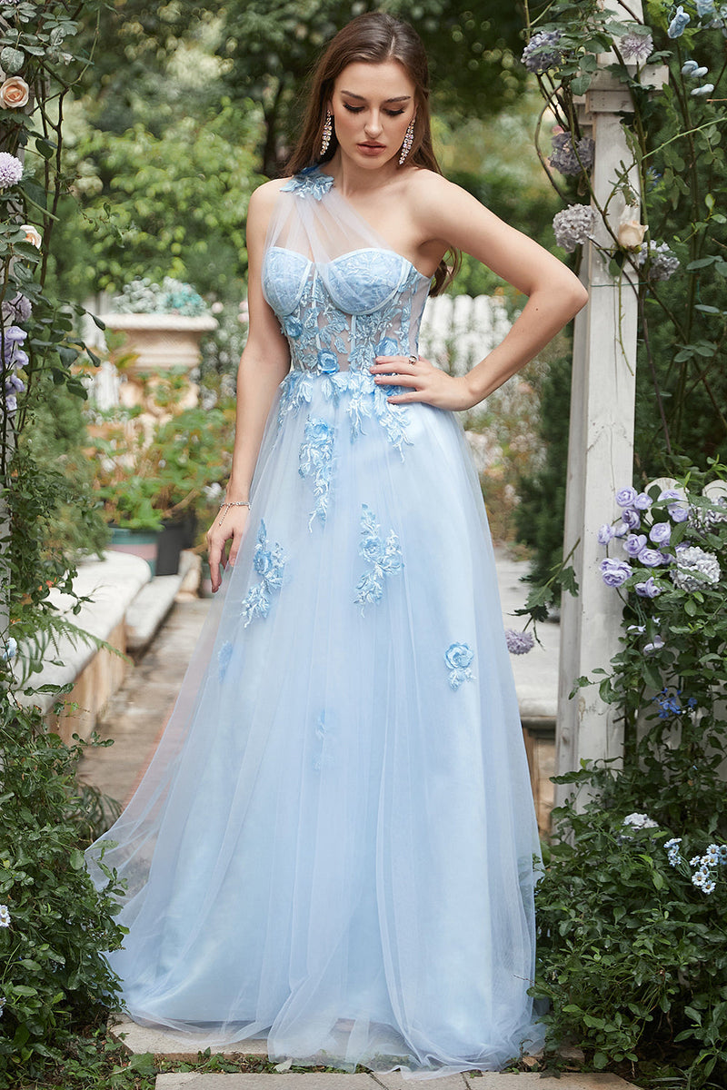 Zapaka Women Long Sky Blue Prom Dress A Line One Shoulder Formal Dress ...