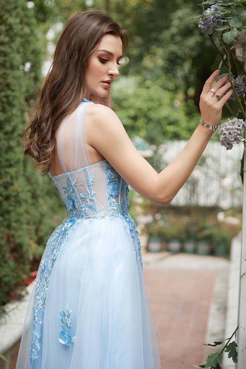 Load image into Gallery viewer, Sky Blue A Line One Shoulder Long Prom Dress with Appliques
