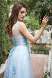 Sky Blue A Line One Shoulder Long Prom Dress with Appliques