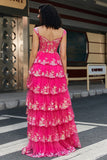Trendy A Line Off the Shoulder Fuchsia Corset Prom Dress with Split Front