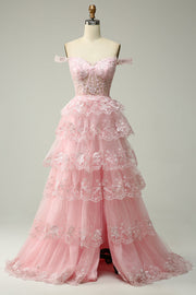 Princess A Line Off the Shoulder Pink Long Prom Dress with Appliques