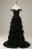Sparkly Black Golden Tiered Lace A-Line Long Prom Dress with Slit