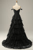 Load image into Gallery viewer, Black Off The Shoulder Tiered Prom Dress