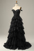 Load image into Gallery viewer, Long Off The Shoulder Black Tiered Prom Dress