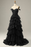 Long Off The Shoulder Black Tiered Prom Dress