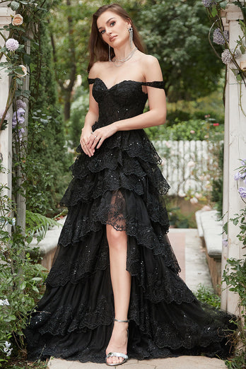 Long Off The Shoulder Black Tiered Prom Dress
