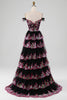 Load image into Gallery viewer, Sparkly Black Golden Tiered Lace A-Line Long Prom Dress with Slit