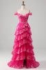 Load image into Gallery viewer, Off The Shoulder Hot Pink Prom Dress with Sequins