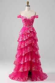Off The Shoulder Hot Pink Prom Dress with Sequins