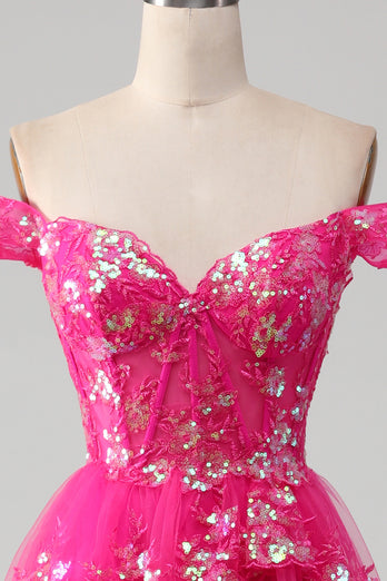 Off The Shoulder Hot Pink Prom Dress with Sequins