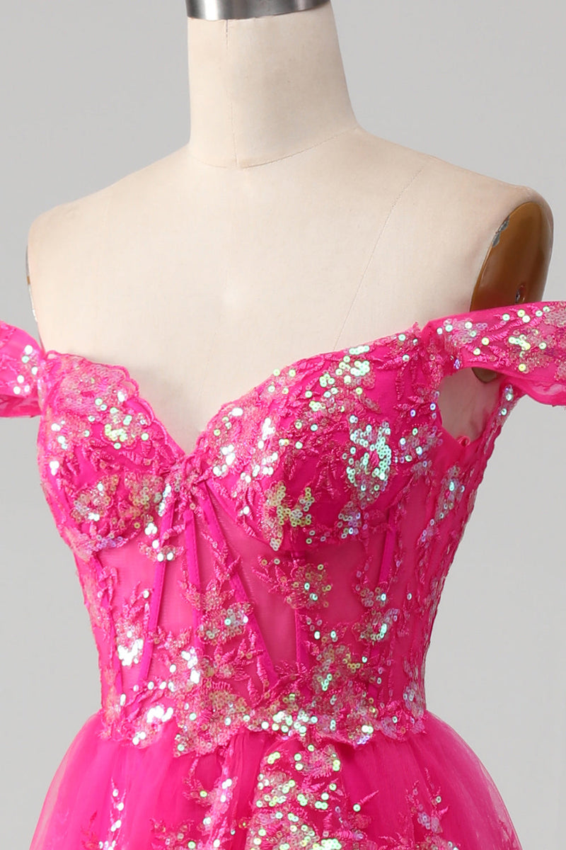 Load image into Gallery viewer, Off The Shoulder Hot Pink Prom Dress with Sequins