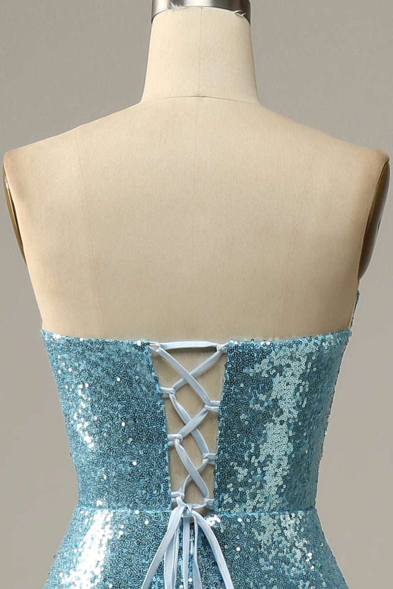 Load image into Gallery viewer, Sky Blue Sweetheart Sequined Mermaid Prom Dress With Feathers