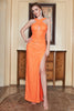 Load image into Gallery viewer, Sheath Halter Orange Sequins Long Prom Dress with Open Back