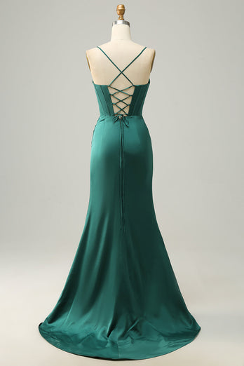 Mermaid Spaghetti Straps Dark Green Long Prom Dress with Split Front