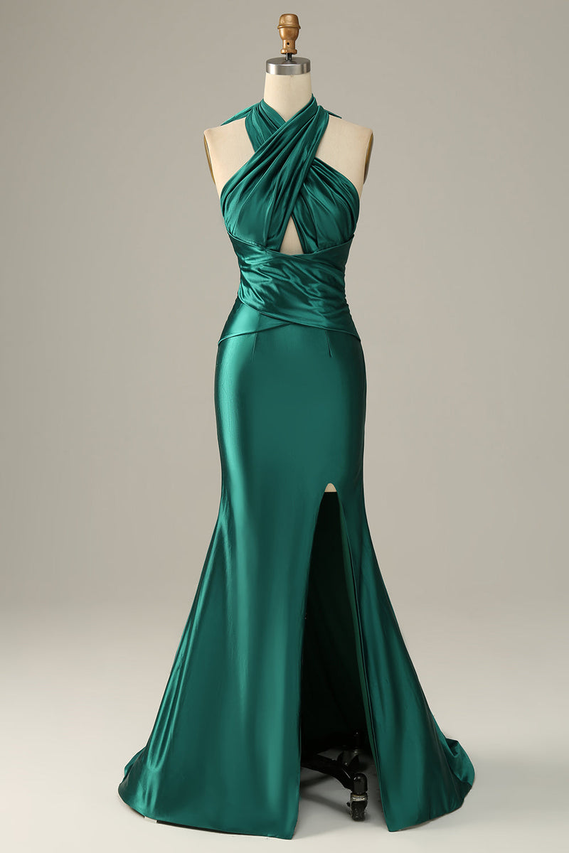 Load image into Gallery viewer, Dark Green Halter Lace Up Mermaid Prom Dress With Slit