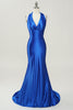 Load image into Gallery viewer, Royal Blue Halter Lace Up Backless Prom Dress