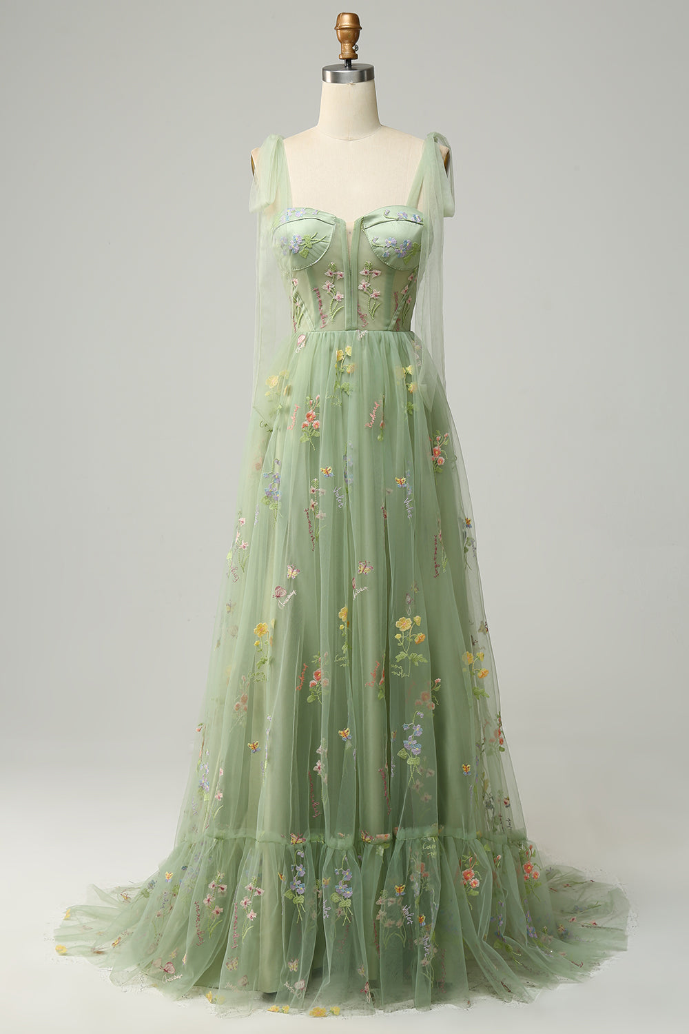 Green Embroidery Corset Long Prom Dress