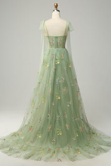 Green Embroidery Corset Long Prom Dress