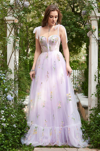 Zapaka Women Lilac Embroidery Corset Long Prom Dress A-Line Formal ...